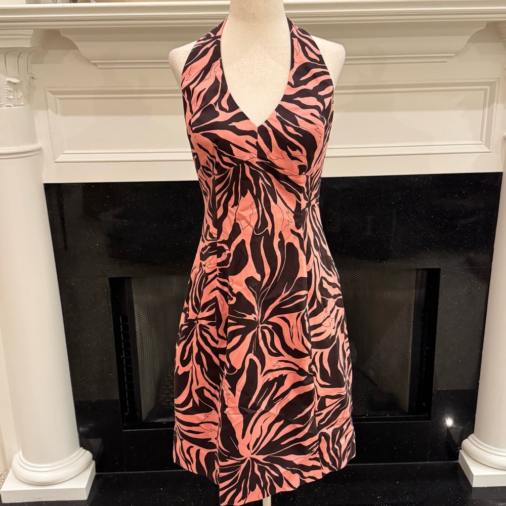 Jones New York Halter Dress Pink & Brown Abstract Print | Size 8P